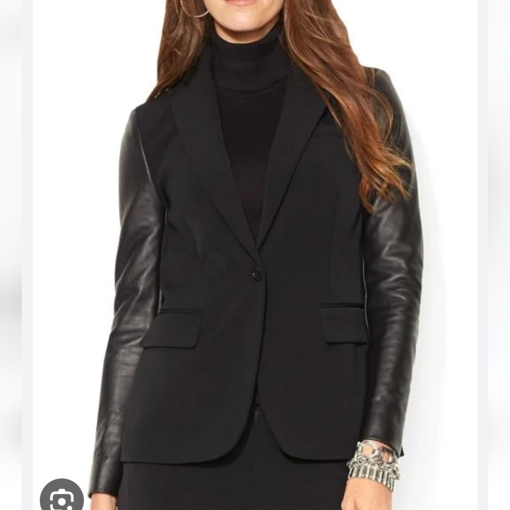 LAUREN RALPH LAUREN Wool Black Blazer with Leather Sleeves